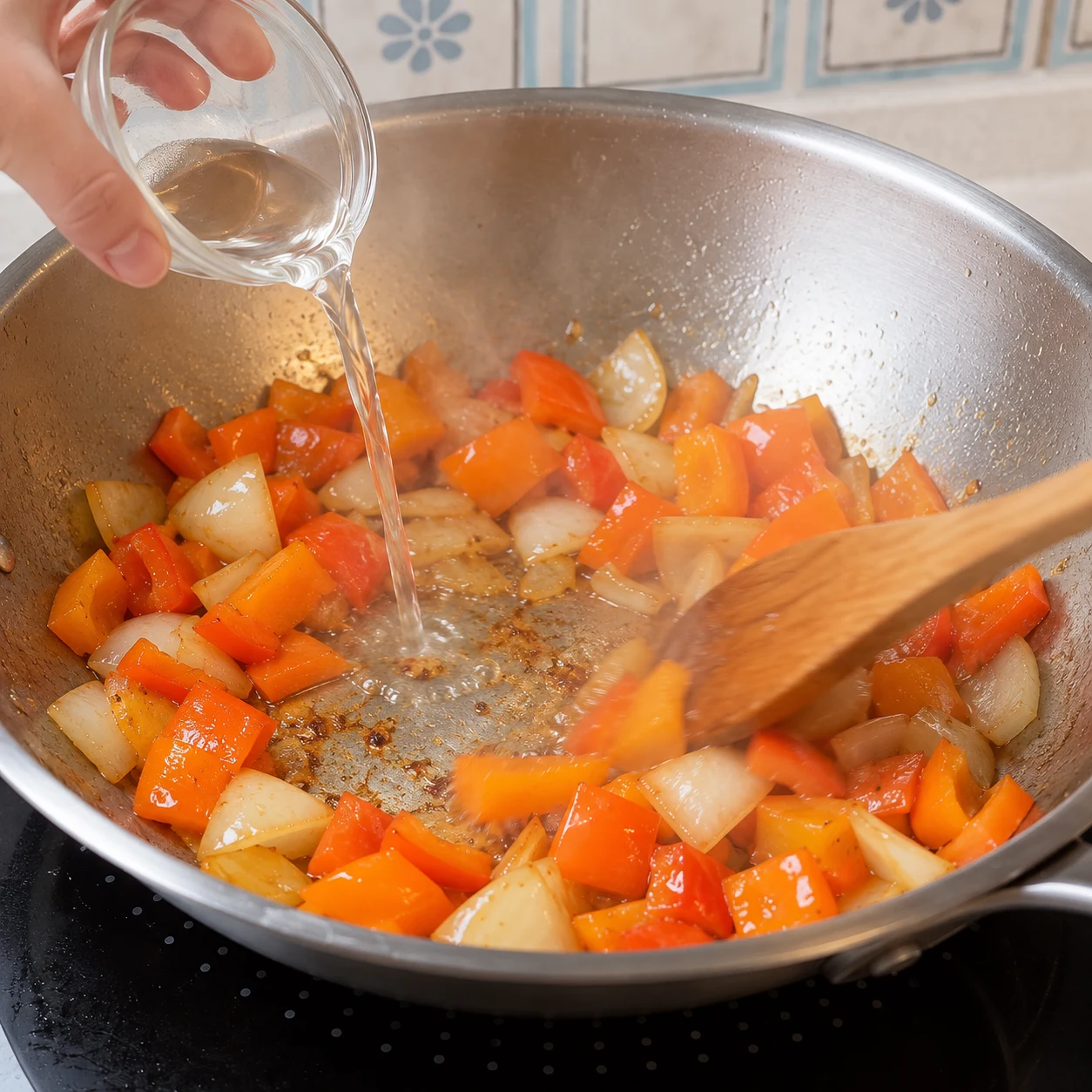 Verser la cuillère à soupe de vinaigre de riz sur les légumes et remuer. Le résultat à reconnaître : Le vinaigre est réparti au fond de la poêle et les sucs sont décollés.