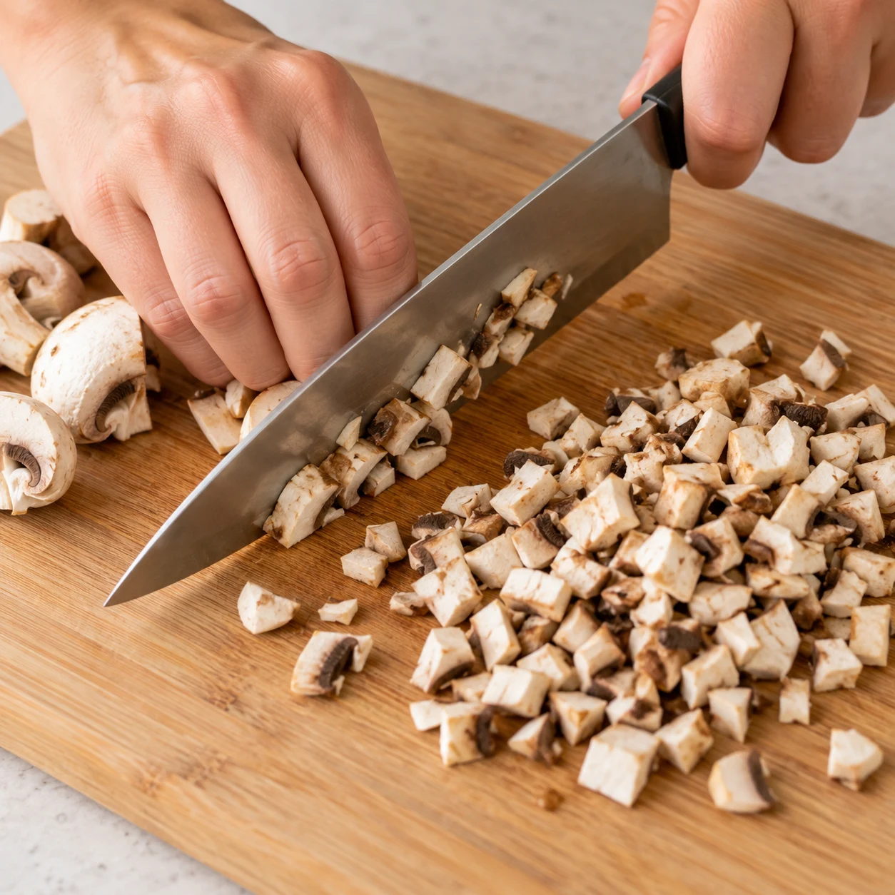 Hache les 150 g de champignons sur une planche stable, les doigts repliés loin de la lame. Montrer le geste et l’état attendu : Les champignons sont répartis en petits morceaux.