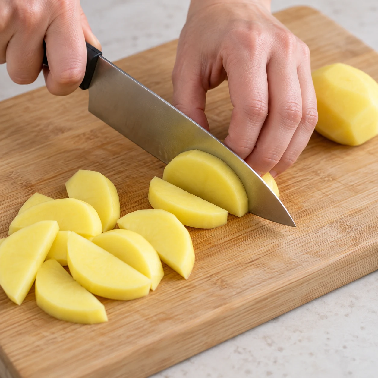 Deux petites pommes de terre coupées en demi-lunes, prise en griffe.