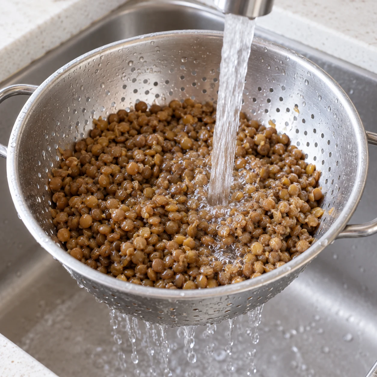 Filet d’eau sur les lentilles cuites dans une passoire.