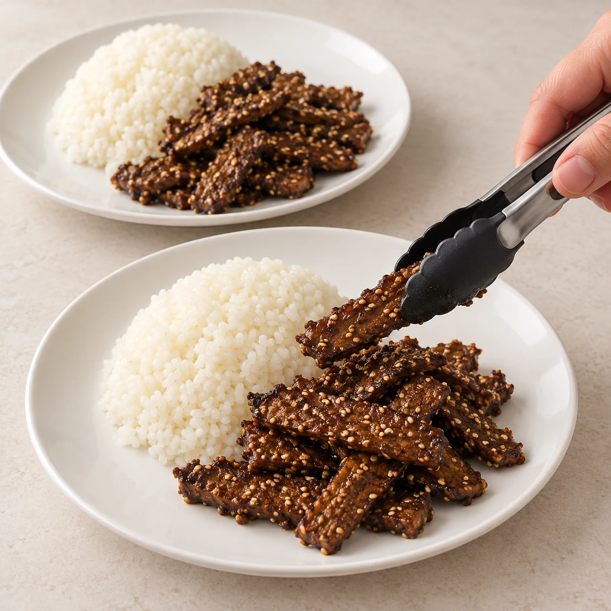 Répartis le riz japonais et les bandes végétales au sésame entre deux assiettes et sers.