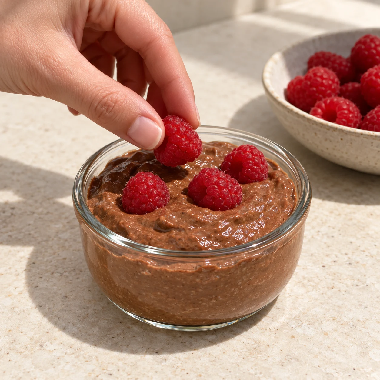 Main anonyme déposant une framboise sur la crème brune épaisse.