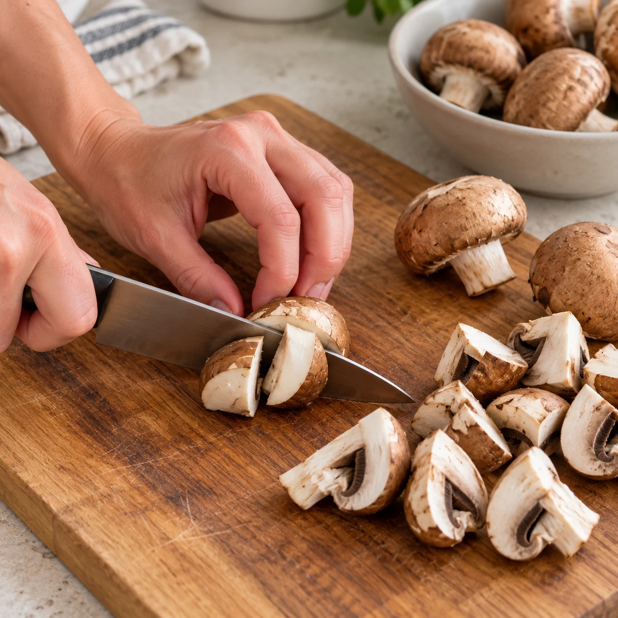 Champignons bruns crus en quartiers, couteau et prise en griffe sûre.
