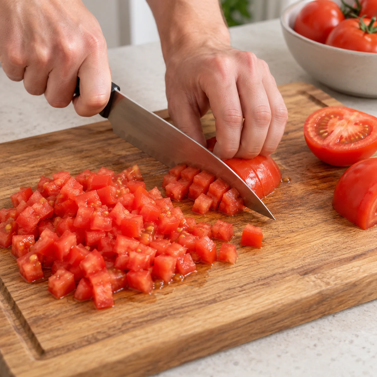 Découpe de tomates fraîches en petits dés, main en griffe.
