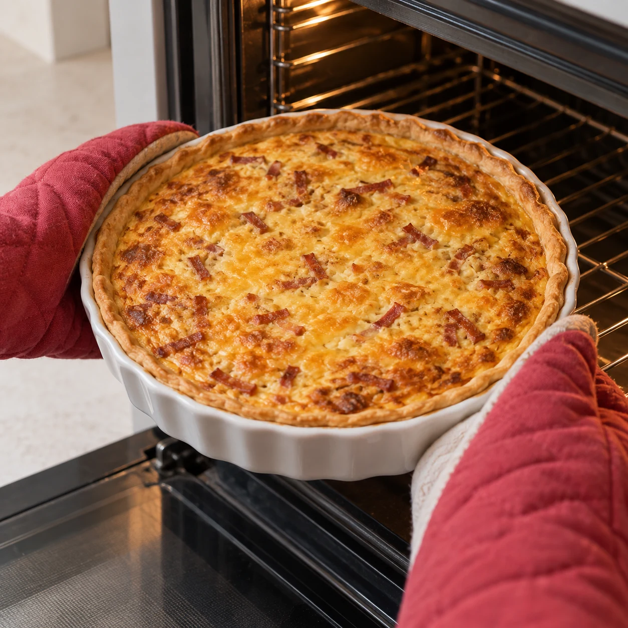Quiche végétale ronde dorée dans son moule, sortie du four avec maniques.