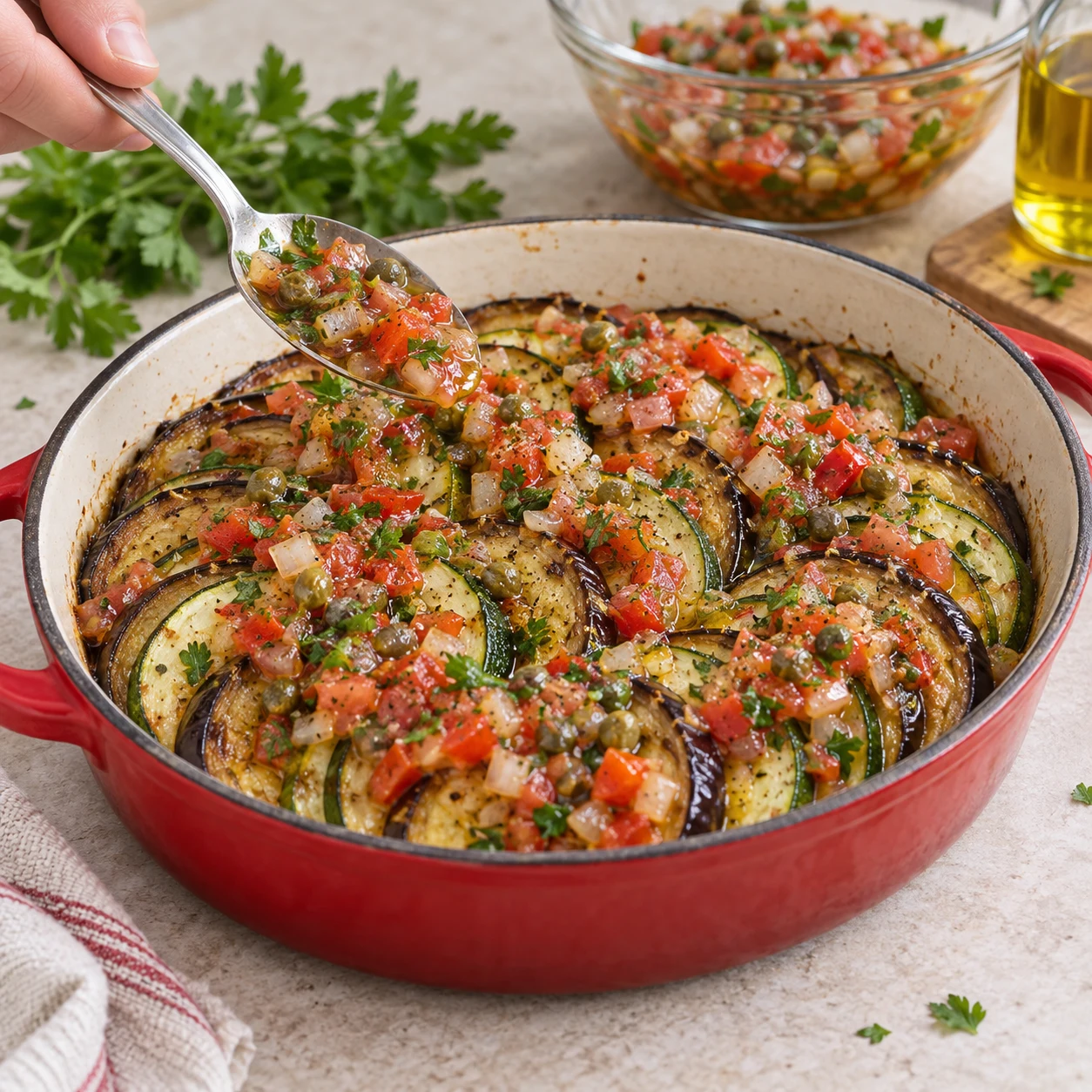 Servir le tian : La sauce vierge recouvre les rondelles de légumes cuits. Rondelles d’aubergines et de courgettes vertes uniquement ; aucune rondelle de tomate, aucune courgette jaune.