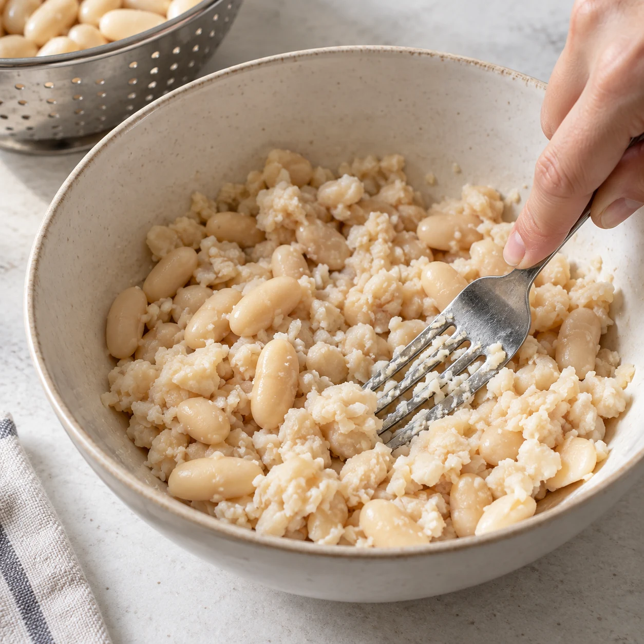 Égoutter les mogettes cuites en conserve. Peser 350 g égouttés, puis les écraser grossièrement à la fourchette dans un saladier en gardant de petits morceaux. Cette préparation est l’adaptation de la base protéinée.