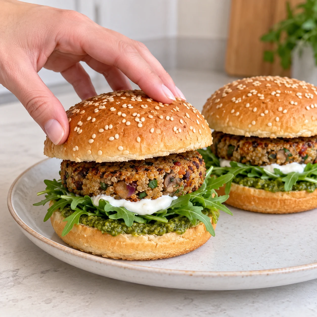 Refermez chaque burger avec le chapeau du pain et servez. Les pains réellement disponibles sont parsemés de graines de sésame ; ne pas ajouter de sésame ailleurs.
