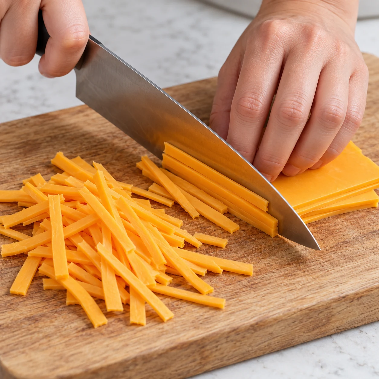 Une main anonyme émince de fines tranches végétales orange saveur cheddar en lanières sur une planche, aucun paquet.