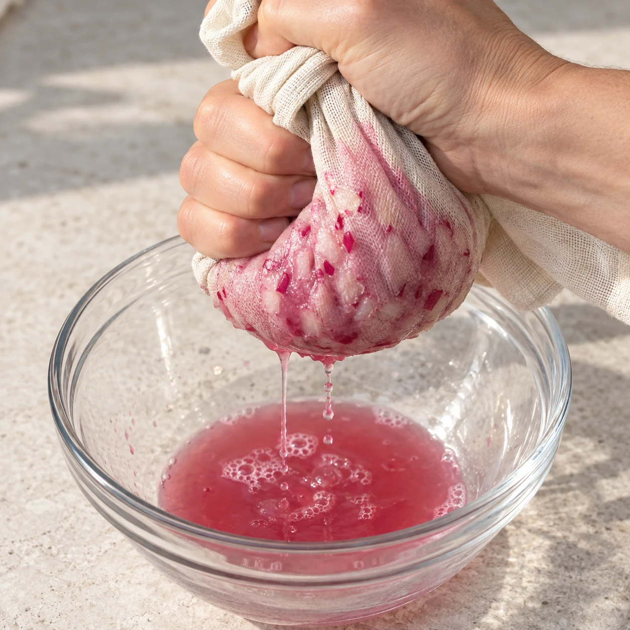 Deux mains anonymes pressant un torchon propre contenant les radis hachés, au-dessus d’un bol recueillant du jus rose.