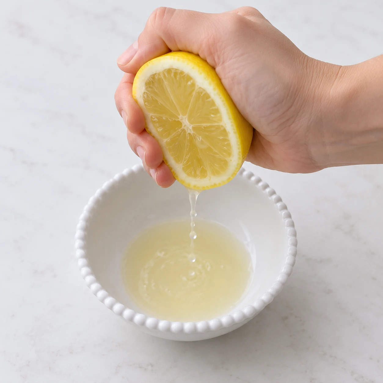 Main anonyme presse demi citron au-dessus petit récipient blanc ; aucun bijou.
