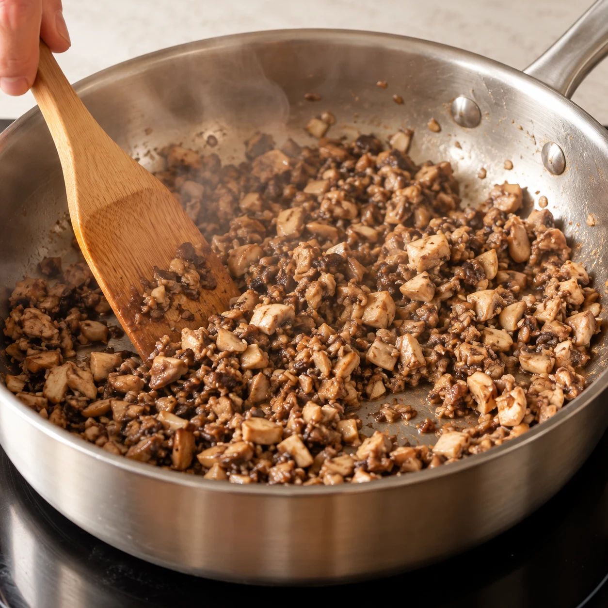 Champignons hachés cuisant dans une poêle, texture fidèle à la recette d’origine.