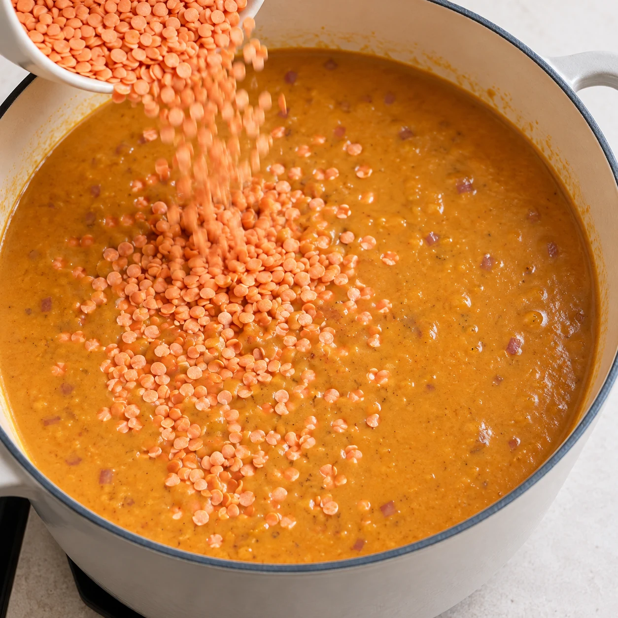 Lentilles corail sèches tombant dans la sauce orange liquide du fait-tout, aucune garniture.