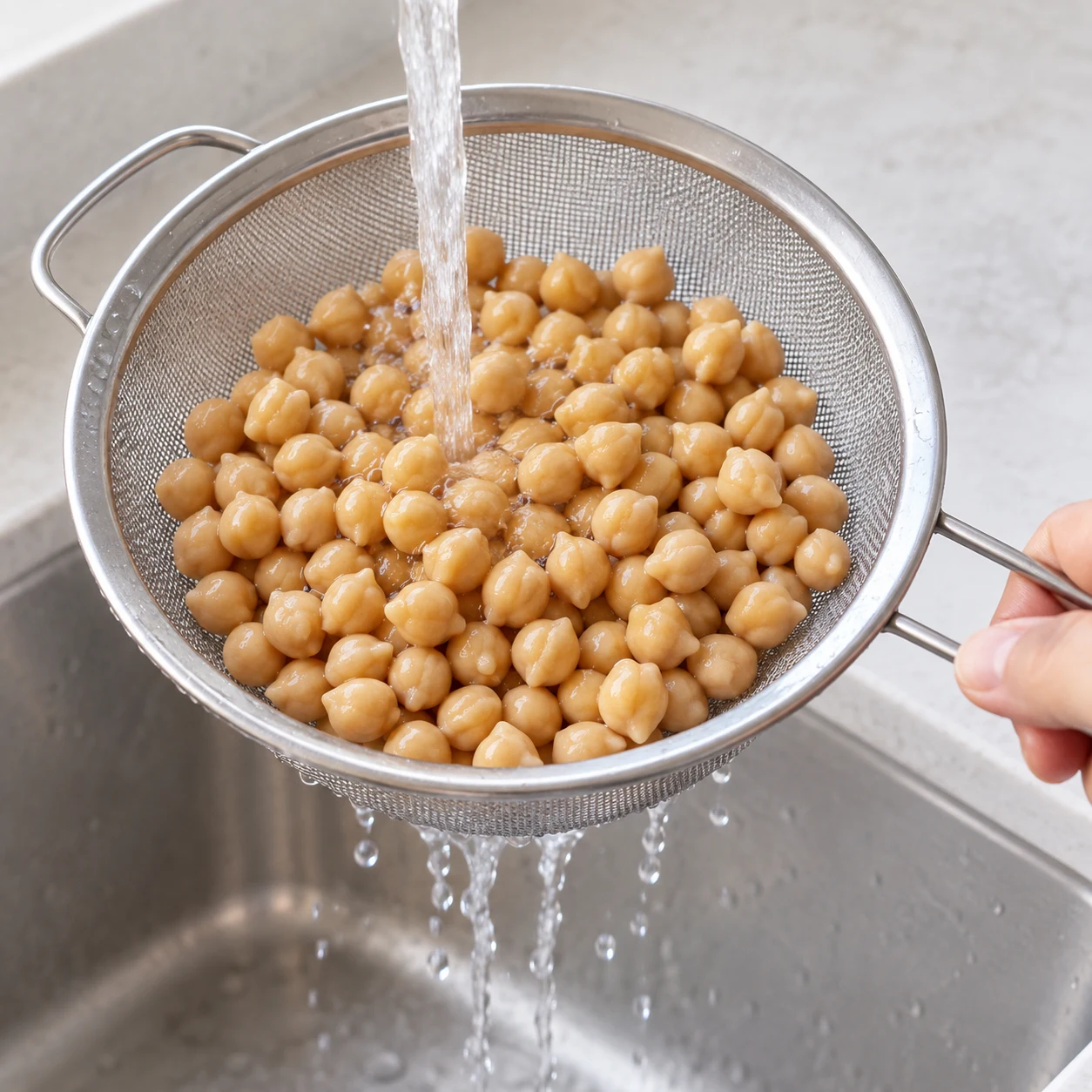 Rincer les pois chiches : Les pois chiches sont rincés et ne baignent plus dans l’eau. Une seule scène correspondant à cette action, lumière naturelle claire sur pierre pâle, aucun texte ni personne identifiable.