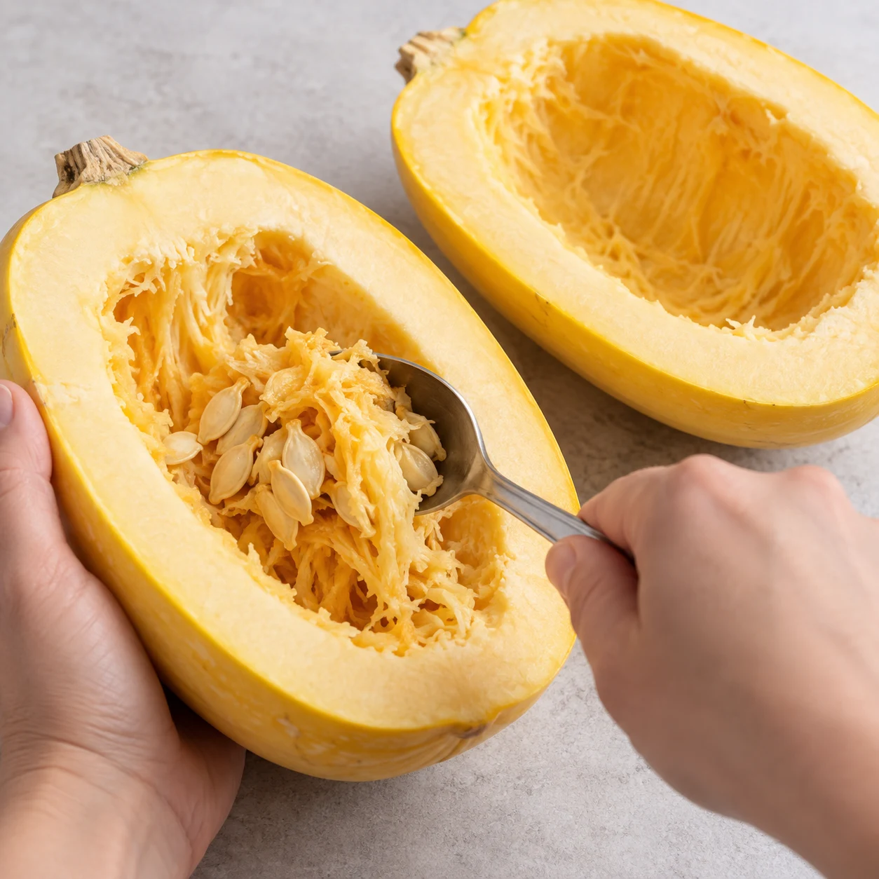 Cuillère retirant les graines de la cavité de courge crue.