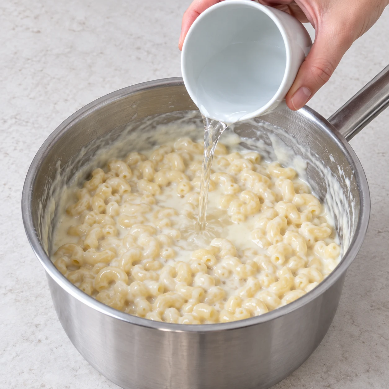 Verser un peu eau en casserole pâtes et sauce blanche.