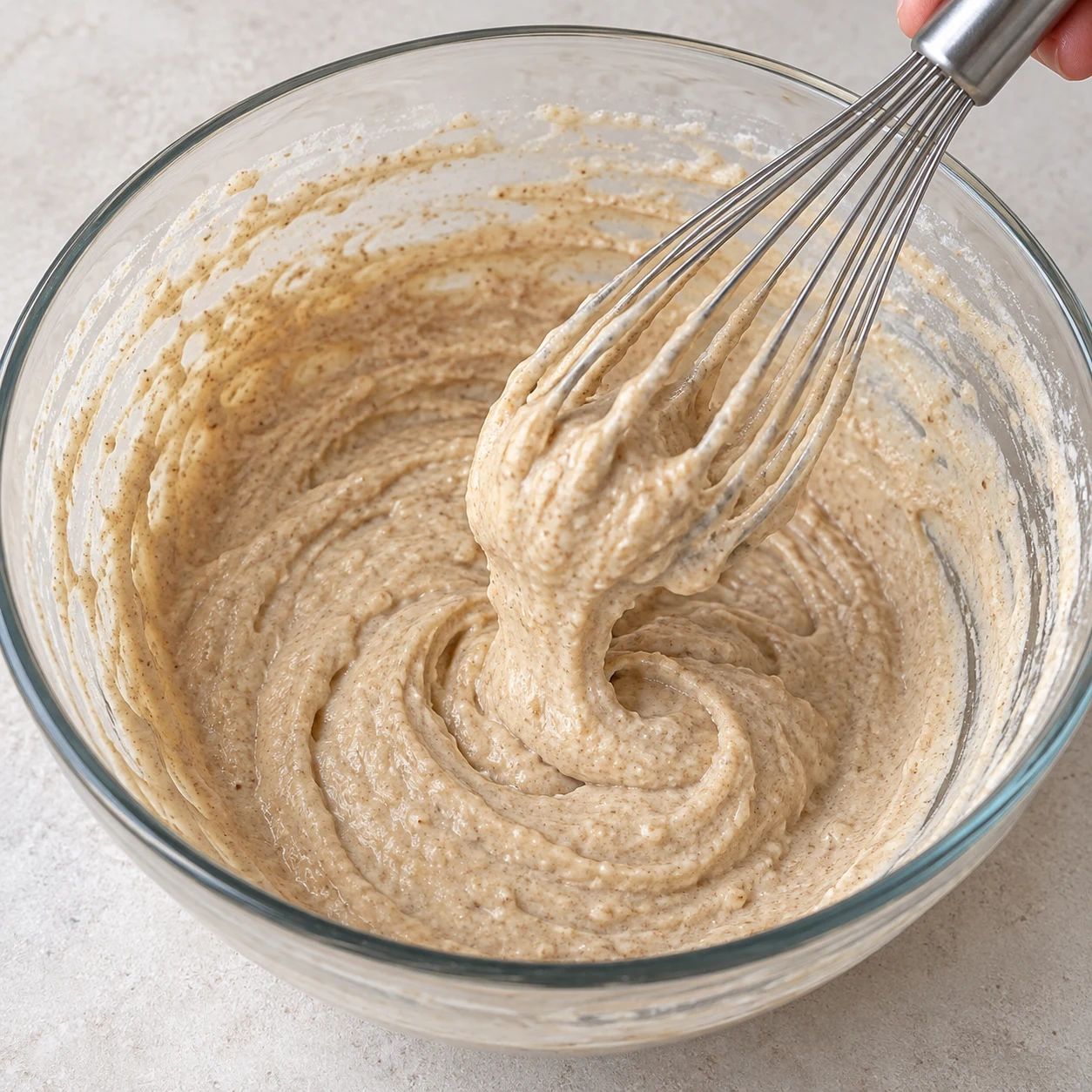 Fouet dans une pâte beige épaisse et homogène, sans œuf ni lait animal.