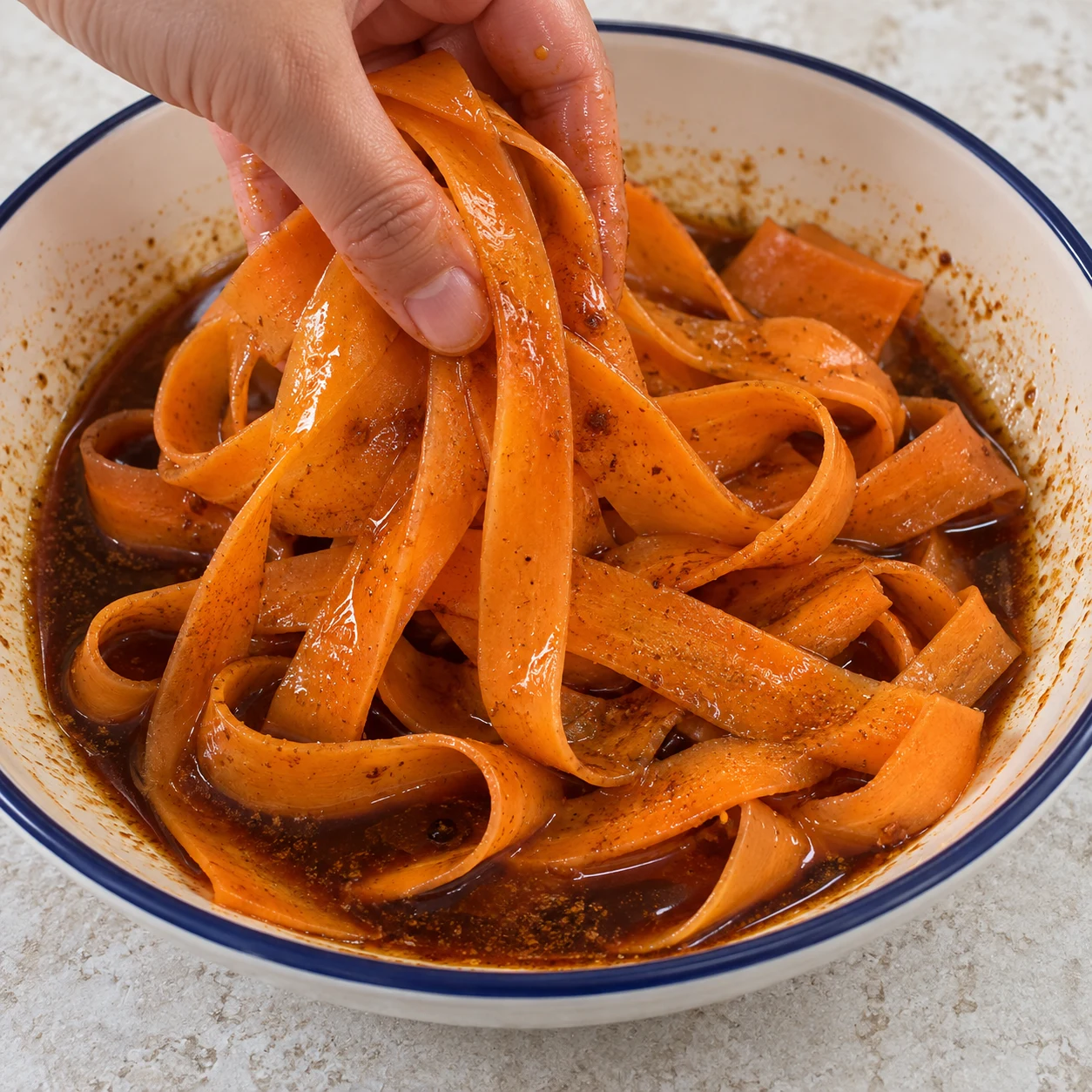 Faire mariner les rubans. Faites mariner les rubans de carotte dans la marinade pendant au moins 15 minutes. Résultat : Les rubans sont enrobés de marinade et le repos atteint au moins 15 minutes. Une seule phase, ingrédients déjà présents seulement.