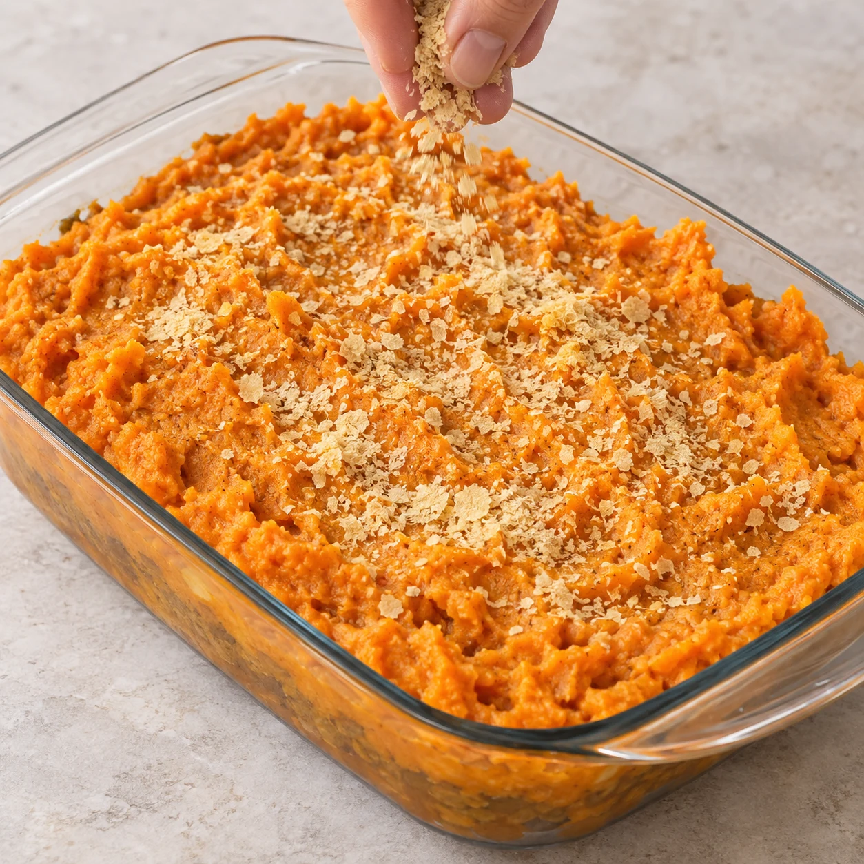Main anonyme saupoudrant quelques paillettes beige de levure maltée sur purée orange ; remplacement explicite du fromage visible sur la capture.