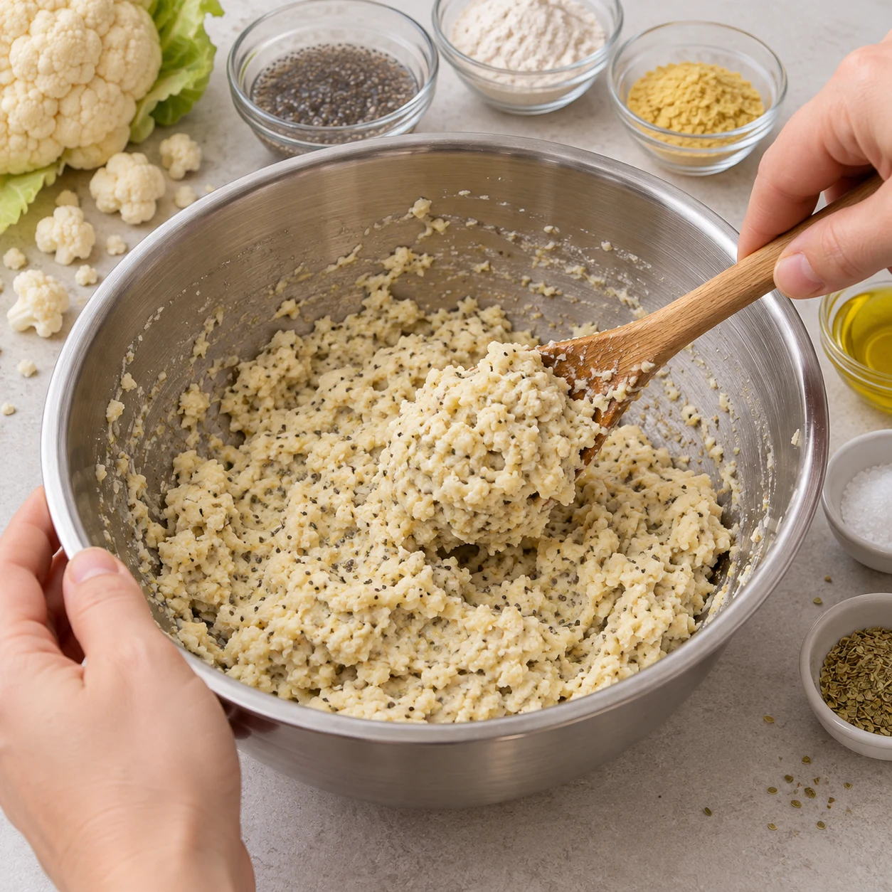 Mains anonymes mélangeant la pâte de chou-fleur dans un saladier ; fines graines de chia et herbes, sans œuf ni parmesan.