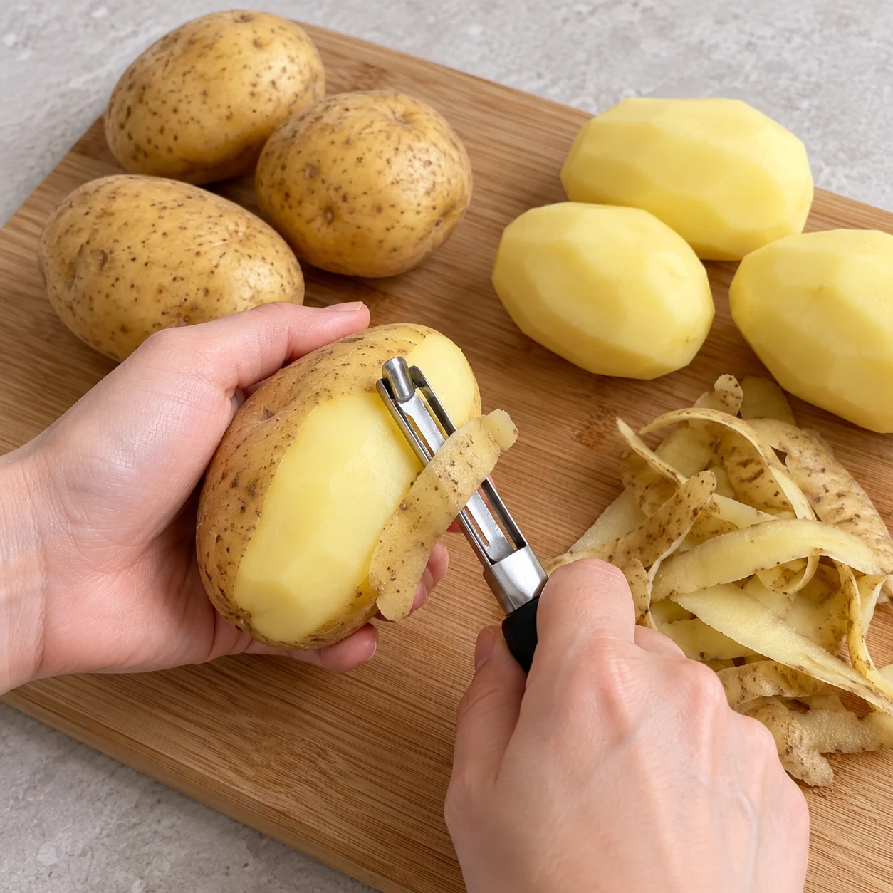 Éplucher les pommes de terre : Les pommes de terre n’ont plus de peau.