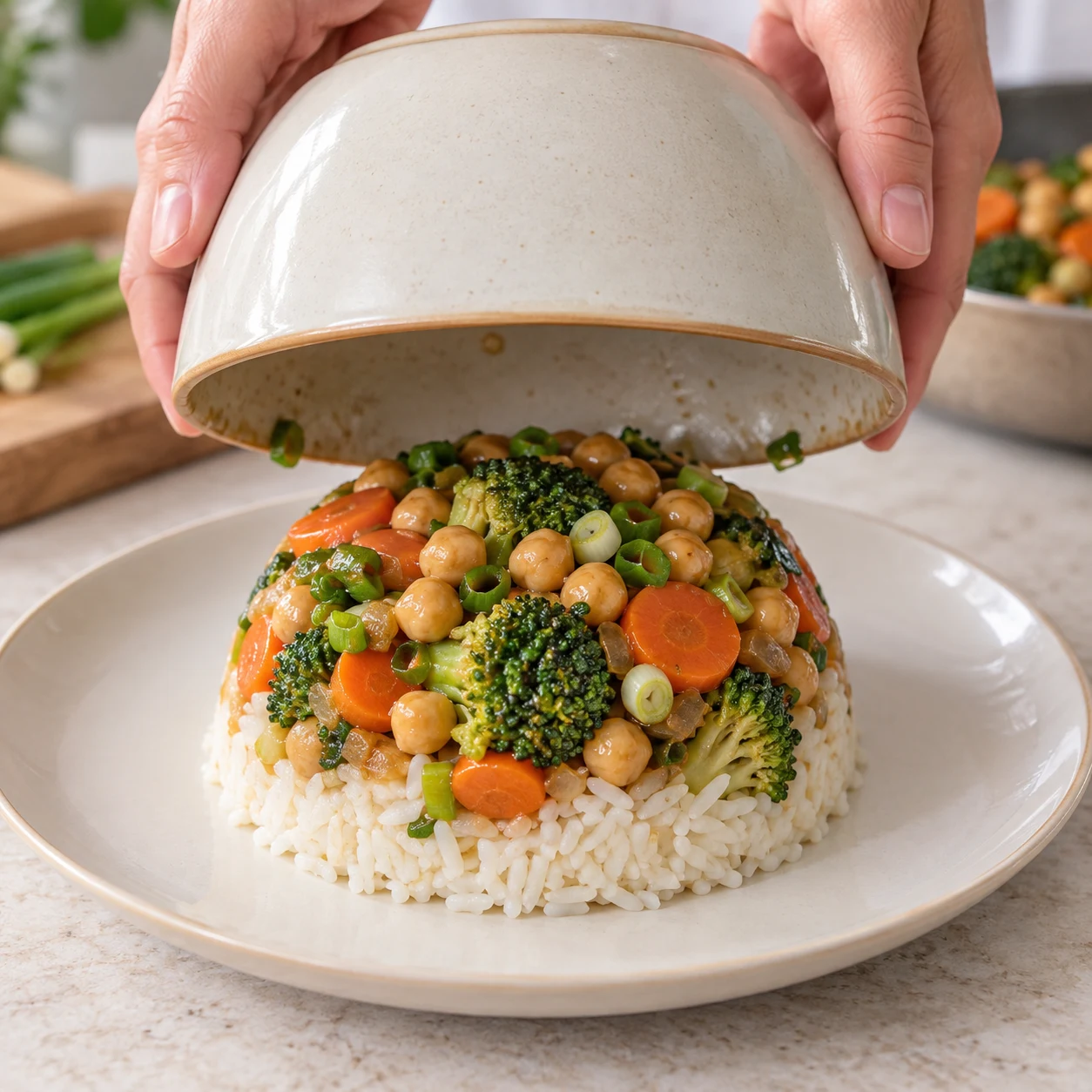 Mains anonymes soulevant un bol retourné, dôme de riz blanc coiffé de légumes et de pois chiches.