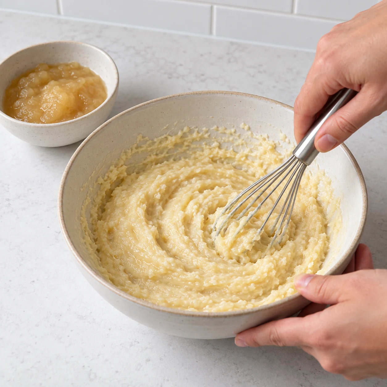 Une main anonyme incorpore une compote de pomme lisse au mélange de margarine et sucre ; aucun œuf.