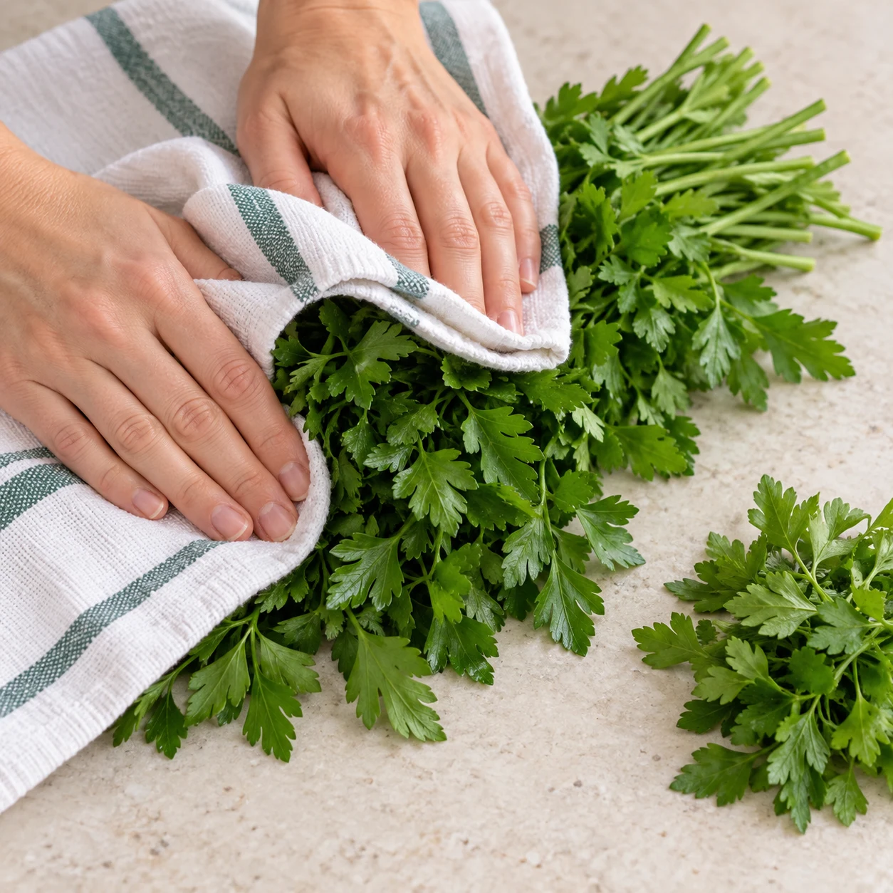 Une seule phase : Séchez la demi-grosse botte de persil avant de la hacher ; gardez un peu de persil pour la finition. État attendu : Le persil est sec en surface. Sans texte, sans personne identifiable, uniquement les ingrédients de cette étape.