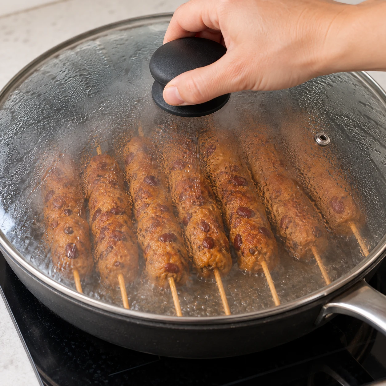 Poêle couverte d’un couvercle en verre embué, brochettes visibles à travers la vapeur.