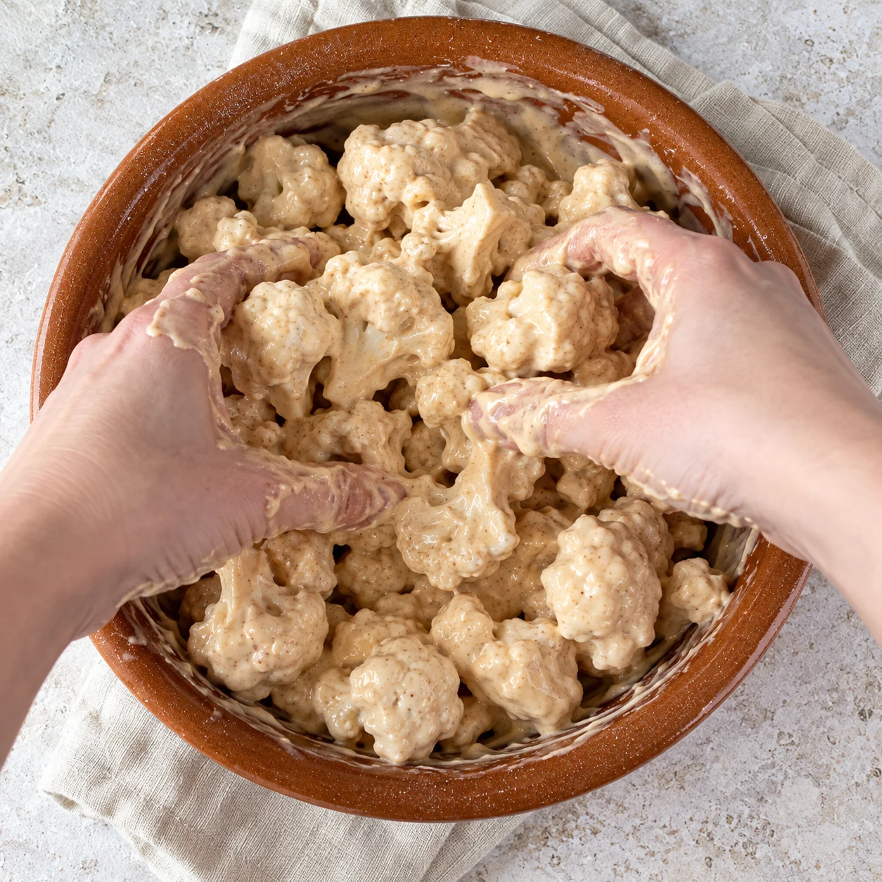 Des mains anonymes enrobent les fleurettes de chou-fleur de pâte beige épaisse.