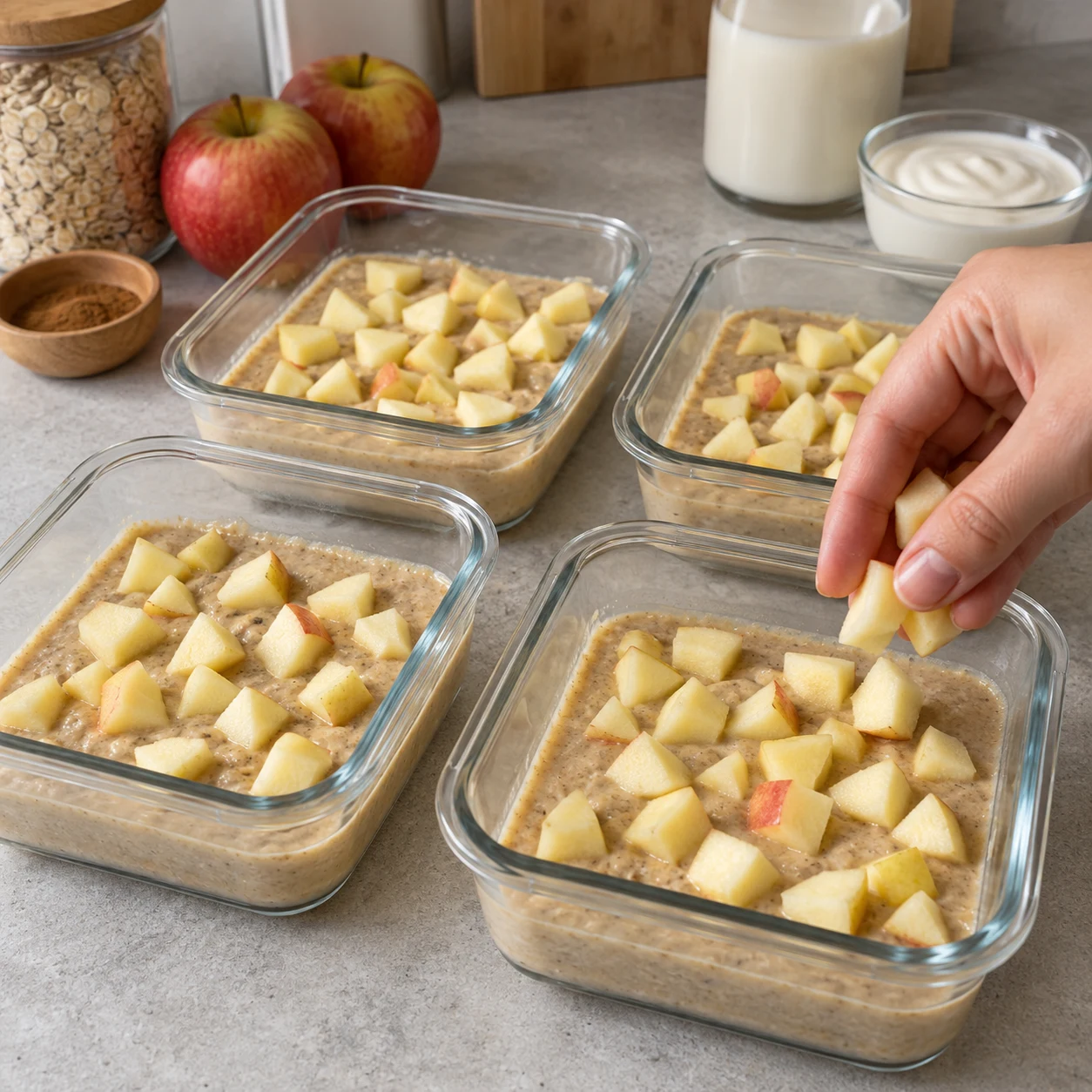 Une main anonyme répartit des petits morceaux de pomme sur une pâte beige crue dans quatre petits contenants en verre.