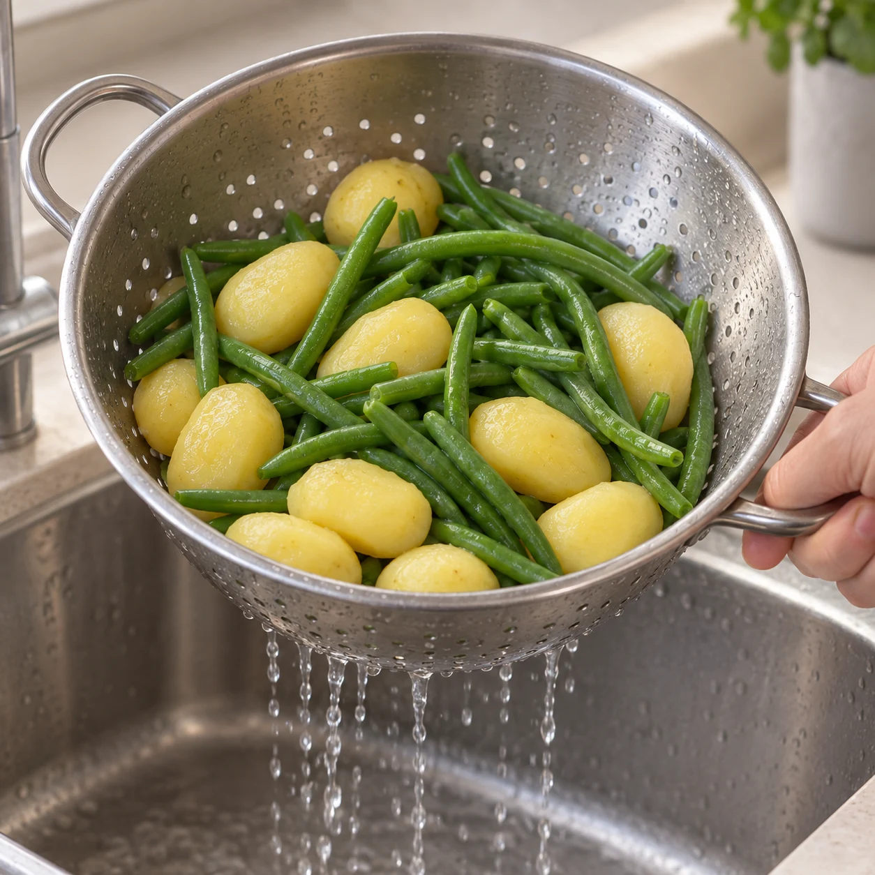 Égoutter les légumes : Égouttez les pommes de terre et les haricots verts dans une passoire. Résultat : Les légumes ne baignent plus dans l’eau.