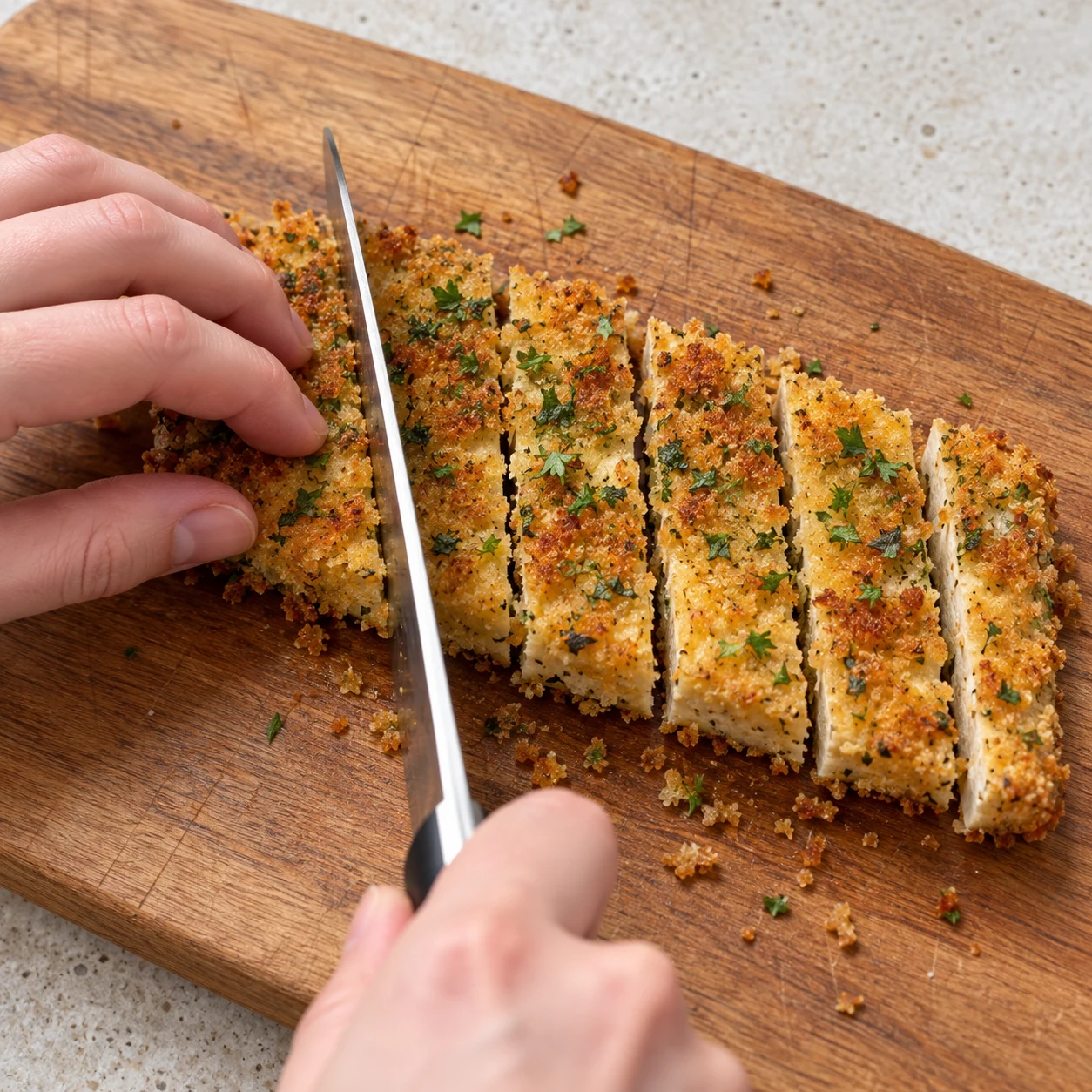 Découpe du tofu doré croustillant en lamelles sur une planche, prise sûre.