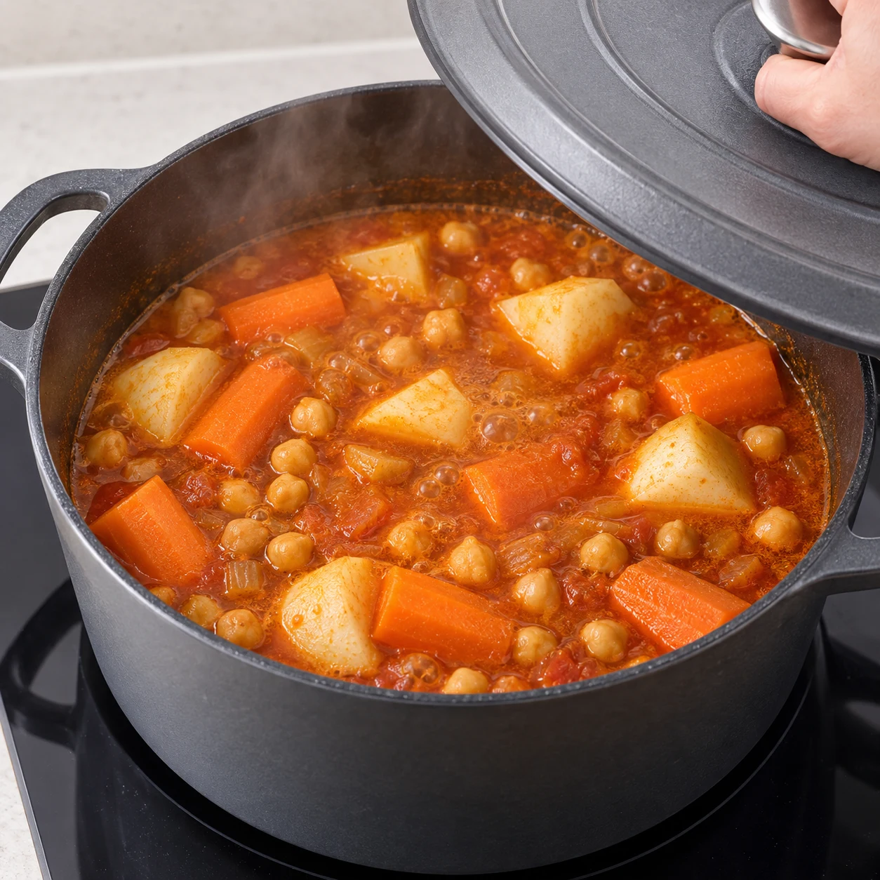 Cocotte de bouillon rouge orangé mijotant avec gros morceaux de carotte, navet et pois chiches, sans carrés de blé ni saucisses.