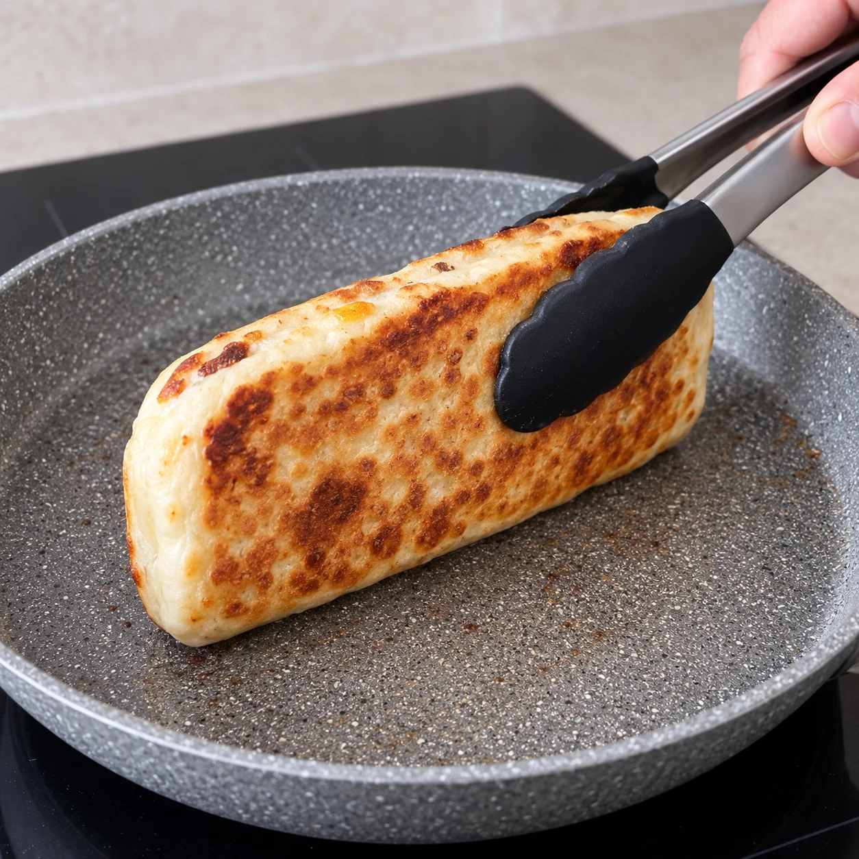Une pince maintient un panini doré sur son côté dans une poêle, geste sûr.