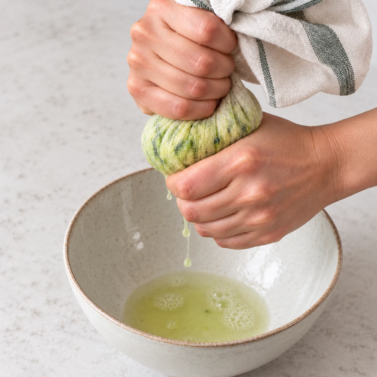 Deux mains anonymes pressant un torchon de courgette râpée au-dessus du bol.