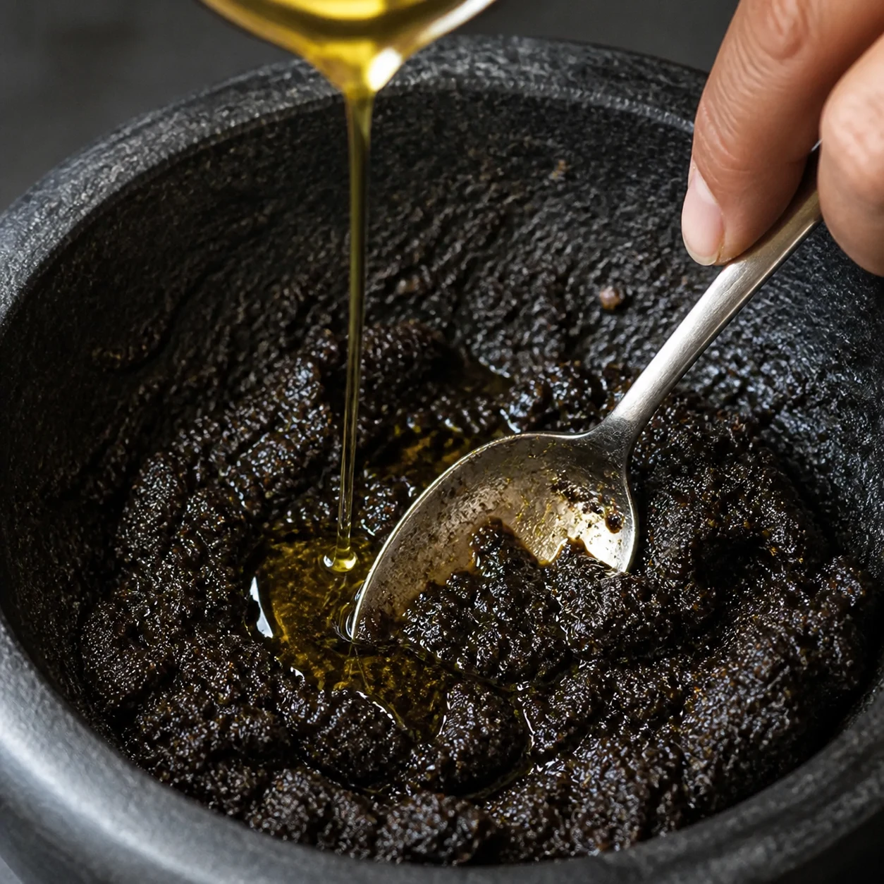 Huile d’olive incorporée en filet à une tapenade noire brillante dans un mortier, consistance souple et granuleuse.