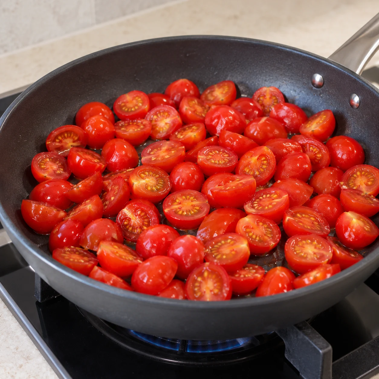 Versez les demi-tomates dans une poêle à feu moyen ; choisissez une poêle compatible avec le four si vous souhaitez y monter la tarte. Montrer une seule phase et aucune personne identifiable.