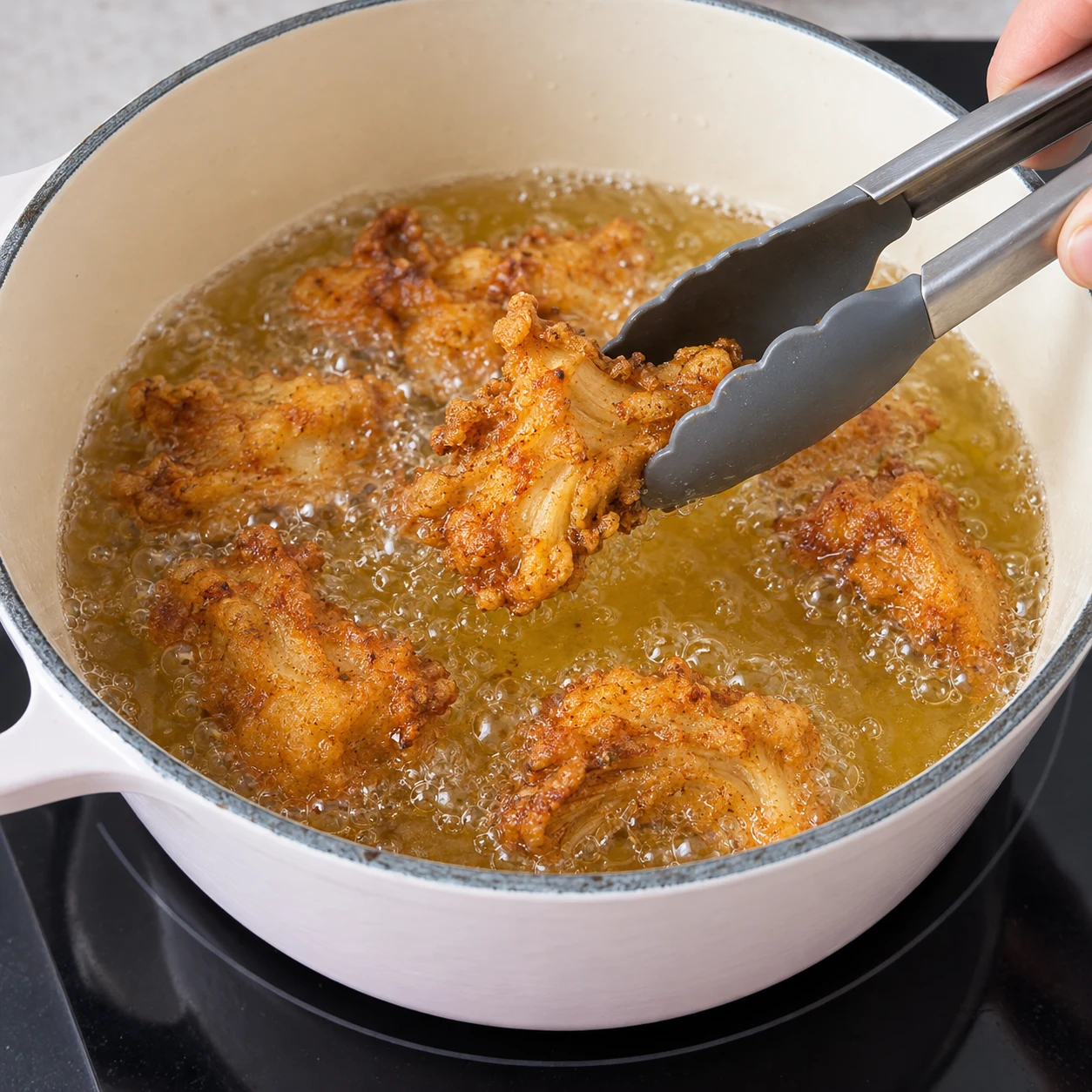 Bouquet pleurotes doré dans un bain d’huile bouillonnant, pince de cuisine sûre.