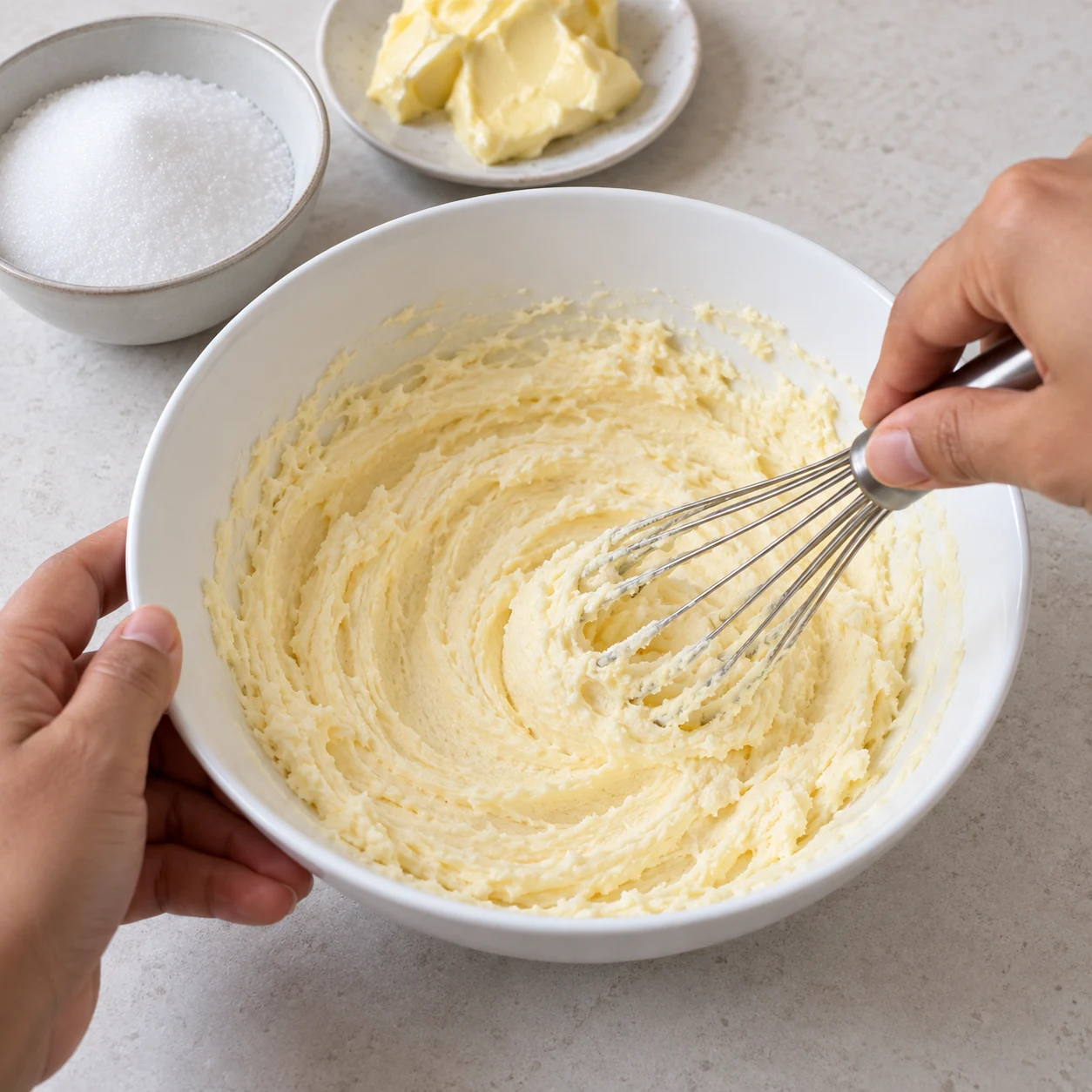 Crémer la margarine et le sucre : Le mélange est homogène, souple et crémeux.