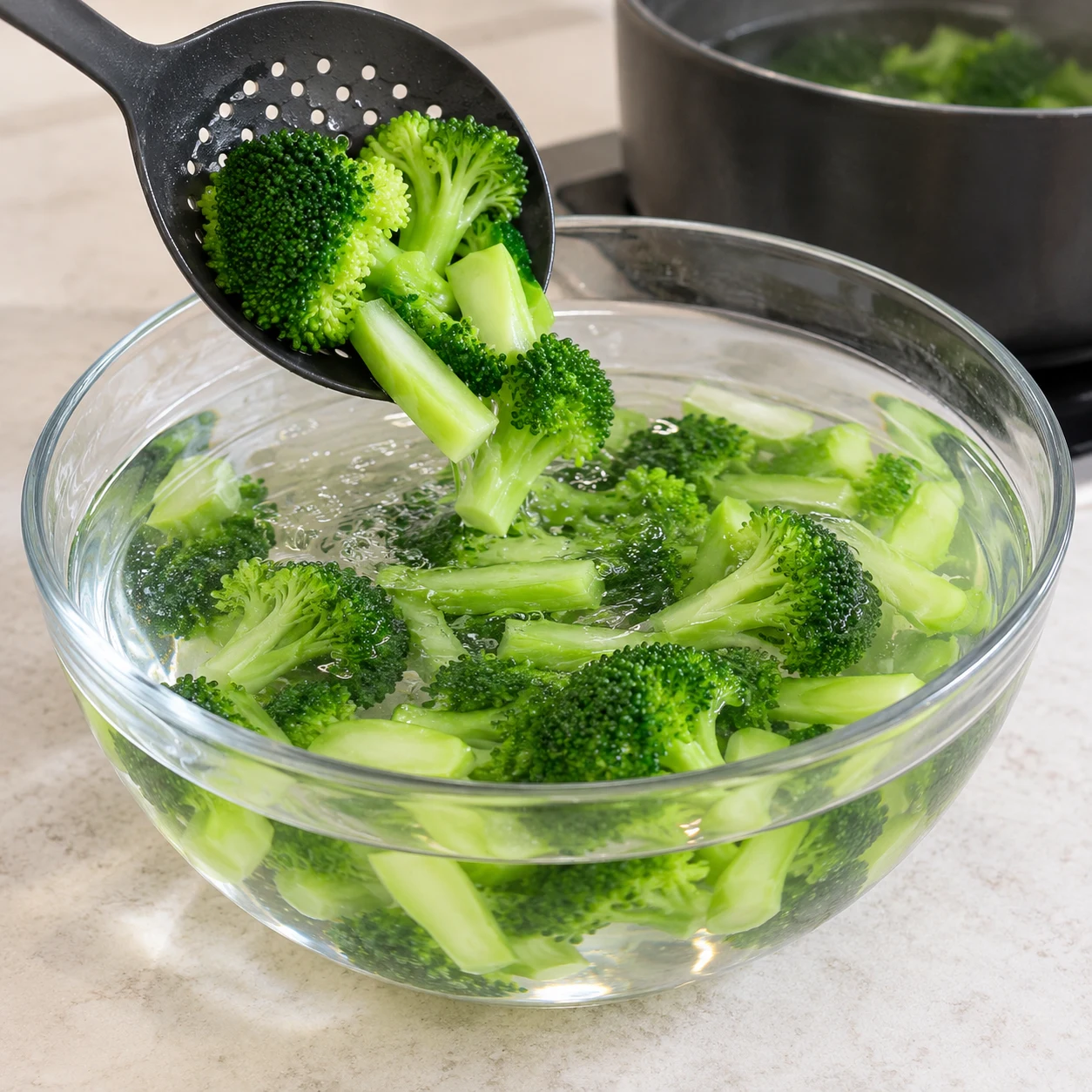 Transfère le brocoli blanchi dans un saladier d’eau froide.