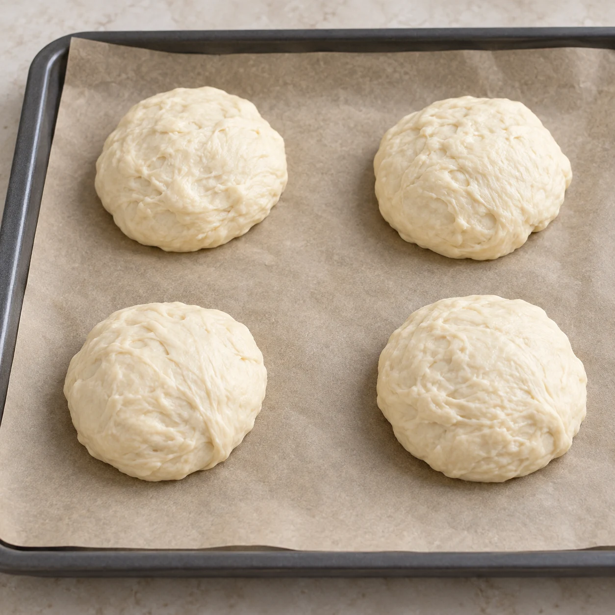 Quatre portions de pâte crue, papier cuisson propre.