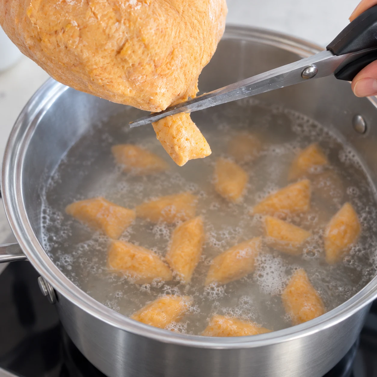 Ciseaux coupant la boule de pâte orange au-dessus d’une casserole, mains sûres à distance.
