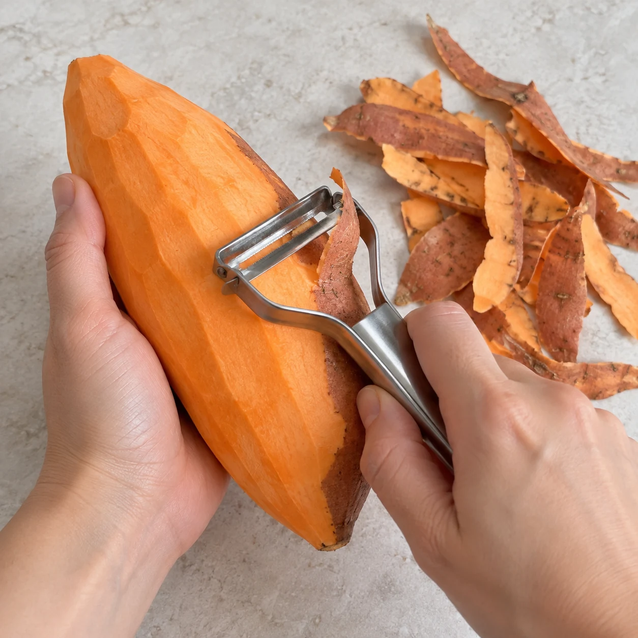 Épluche la patate douce. Montrer seulement les ingrédients de cette étape ; adaptation végétale, aucun saumon ni produit laitier.