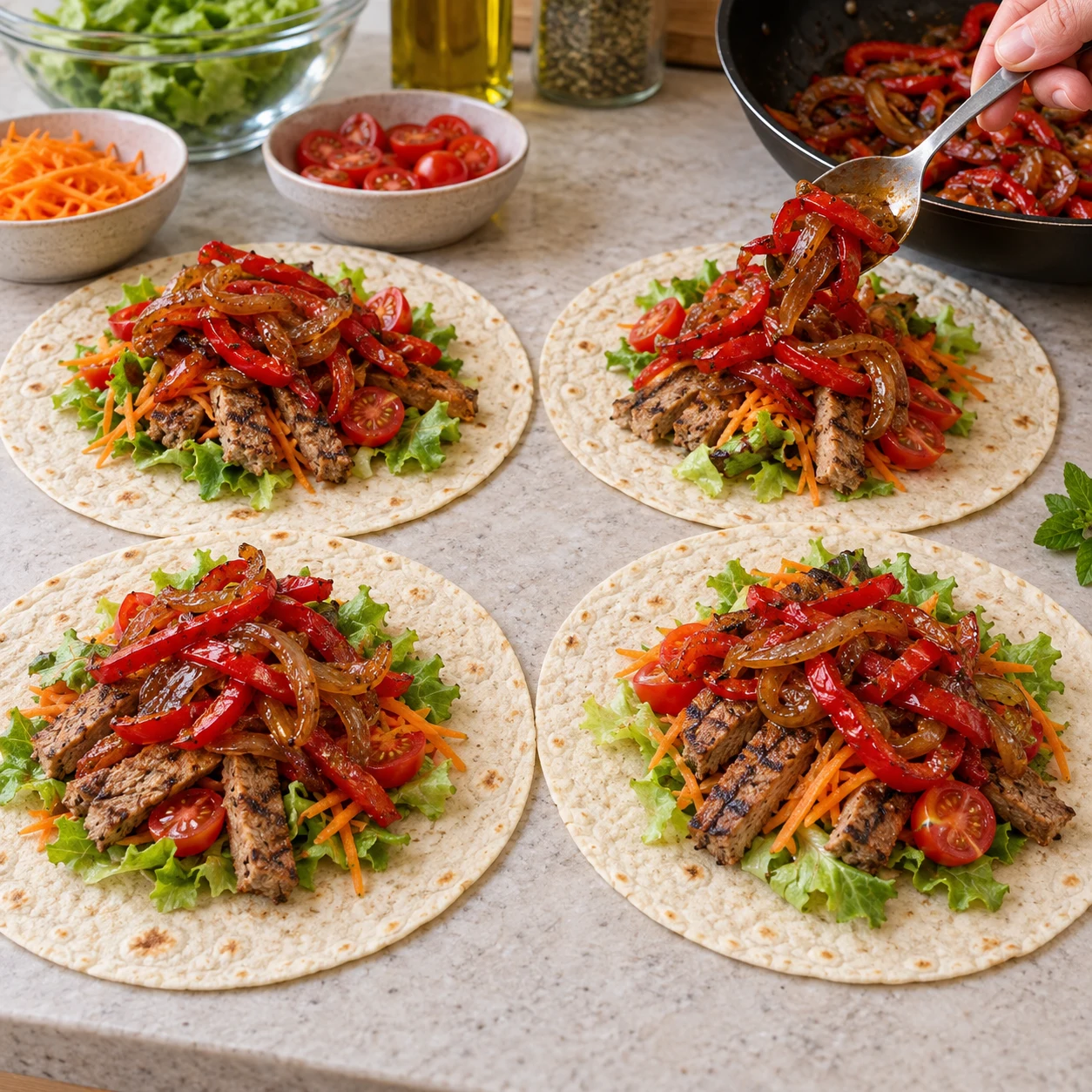Chaque tortilla garnie porte une part des lamelles de légumes fondus.