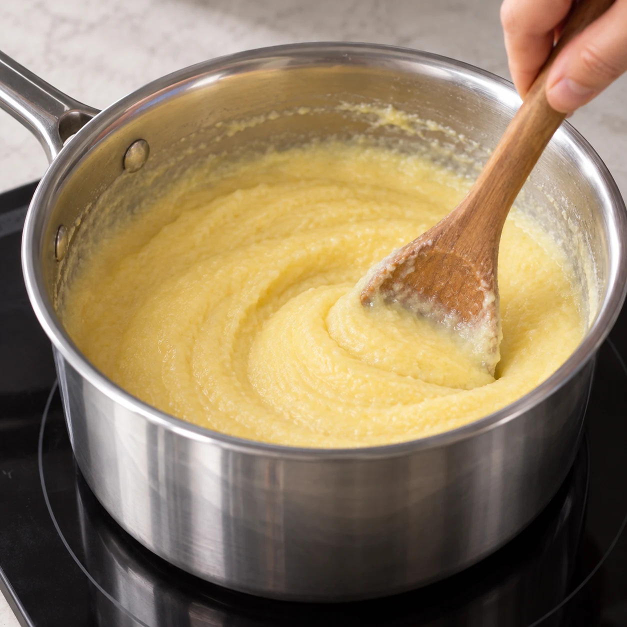 Cuillère ou fouet remuant une polenta jaune pâle crémeuse dans une casserole inox.