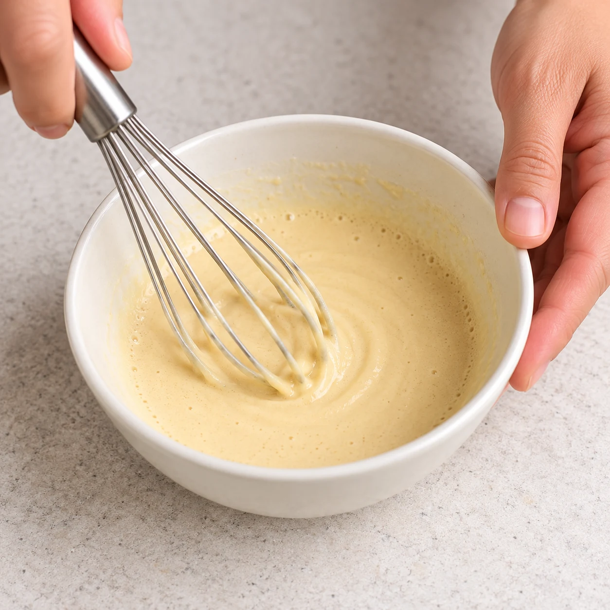 Petit bol de pâte beige lisse obtenue avec pois chiches moulus et eau, fouet ; aucun grain entier.