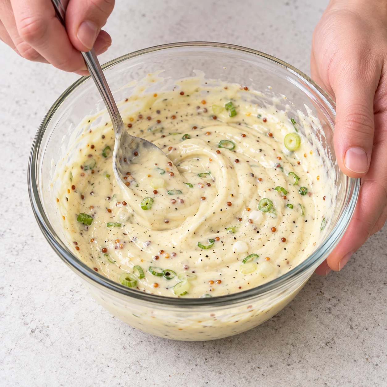Bol de sauce ivoire épaisse avec grains de moutarde et rondelles vertes, cuillère mélangeant.