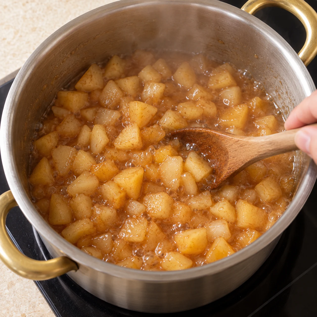 Fruits tendres en petits dés et jus ambré dans une casserole sur feu moyen.