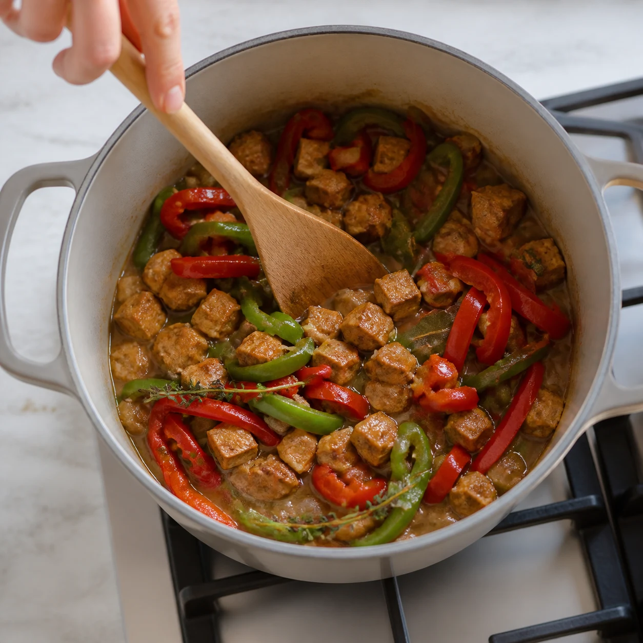 Axoa vegan épais avec tofu fumé et poivrons fondants.